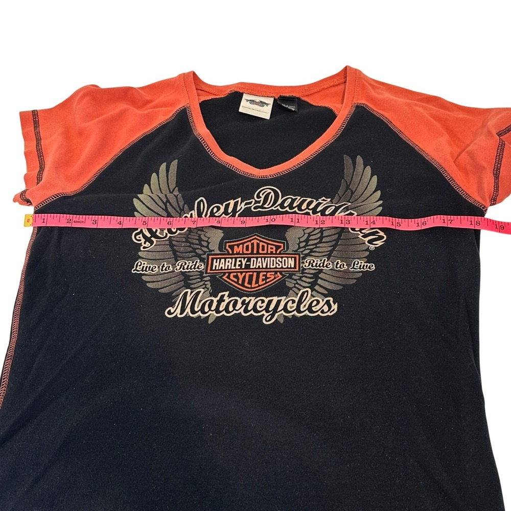 Harley-Davidson Womens Orange Black Raglan V-Neck Graphic T-Shirt Large - Picture 5 of 6